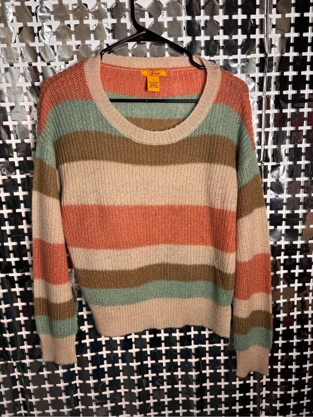 Finesse Striped Crewneck Sweater in Coral, Sage & Cream
